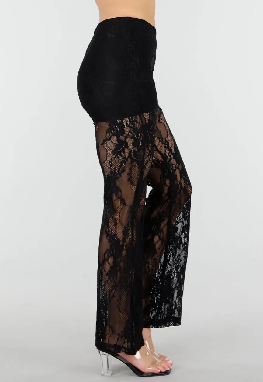Petite Zwarte Kant Flared Broek met Stretch en Binnenbroekje
