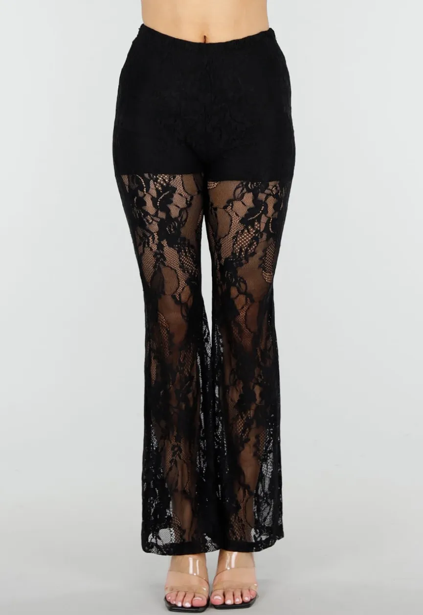 Petite Zwarte Kant Flared Broek met Stretch en Binnenbroekje
