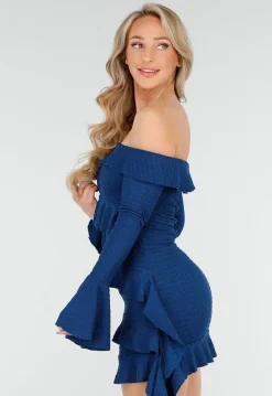 Petrolkleurige Off Shoulder Jurk met Volants en Lange Mouwen