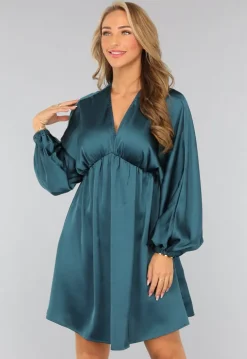 Petrol Satin Jurk met Lange Mouwen