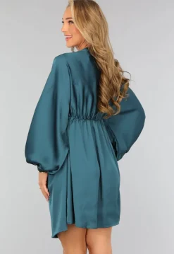 Petrol Satin Jurk met Lange Mouwen
