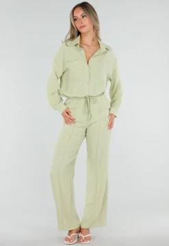 Pistache Blouse met Kraag, Knoopsluiting en Lange Mouwen