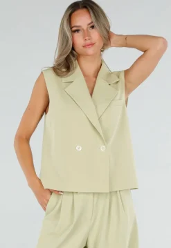 Pistache Groene Double Breasted Gilet met Reverskraag