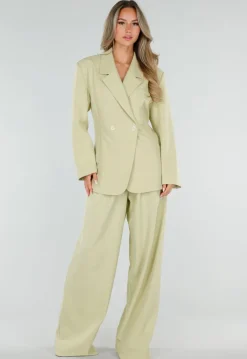 Pistache Groene Double Breasted Getailleerde Blazer met Reverskraag