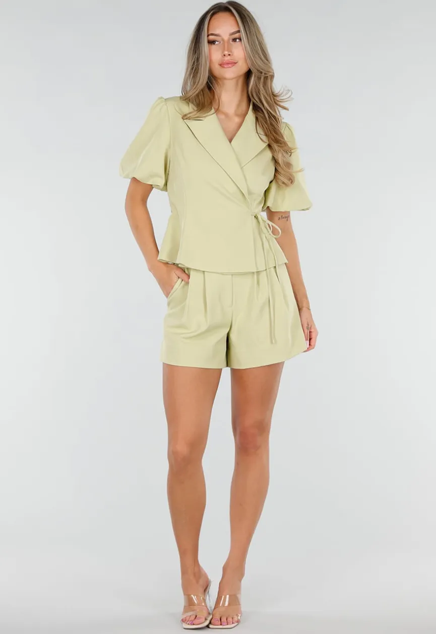 Pistache Groene Plooi Short met Elastische Taille
