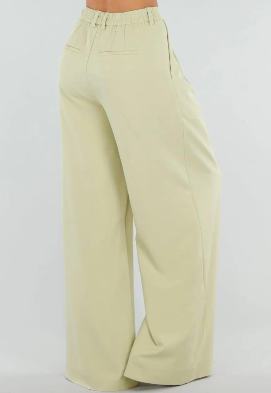 Pistache Groene Tall Wide Leg Broek met Plooien