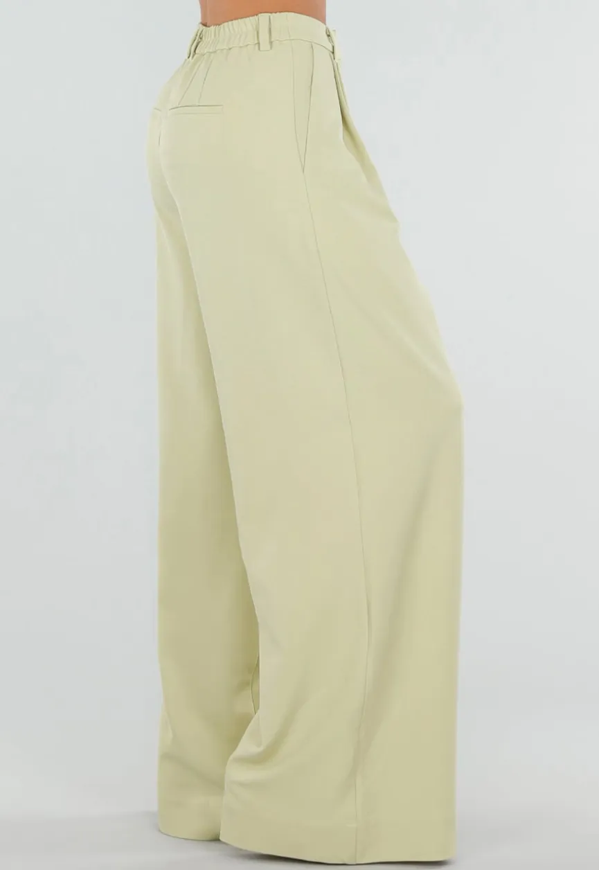 Pistache Groene Tall Wide Leg Broek met Plooien