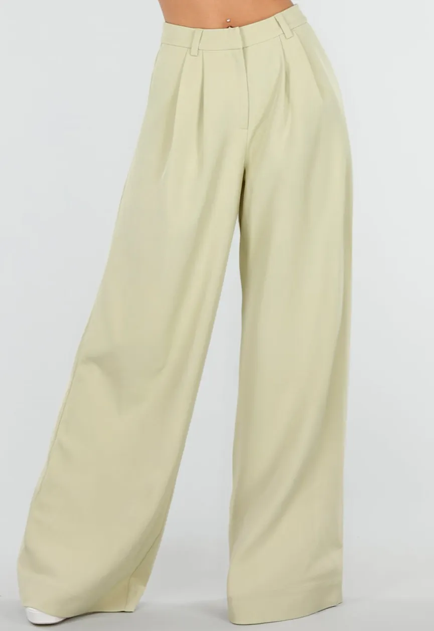 Pistache Groene Tall Wide Leg Broek met Plooien