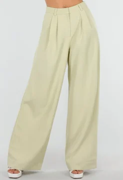 Pistachegroene Wide Leg Broek met Plooien