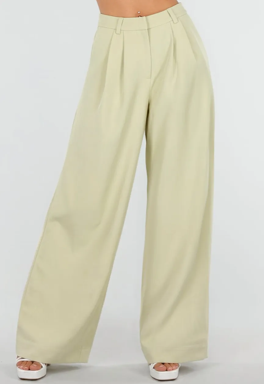 Pistachegroene Wide Leg Broek met Plooien