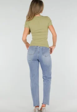 Pistache Stretch T-Shirt met Ronde Hals en Korte Mouwen