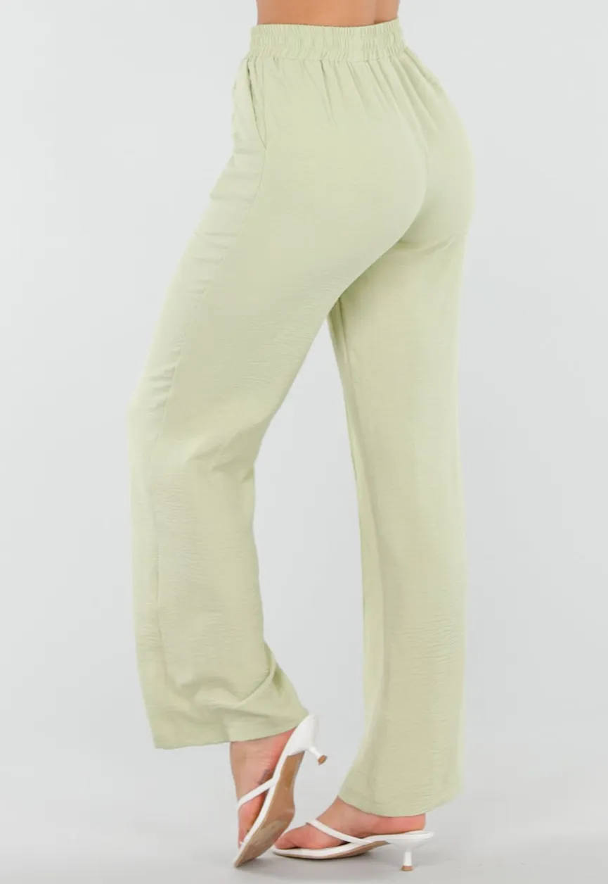 Pistache Wide Leg Broek met Elastische Taille en Strikkoord