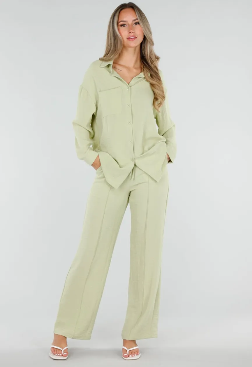 Pistache Wide Leg Broek met Elastische Taille en Strikkoord