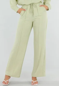 Pistache Wide Leg Broek met Elastische Taille en Strikkoord