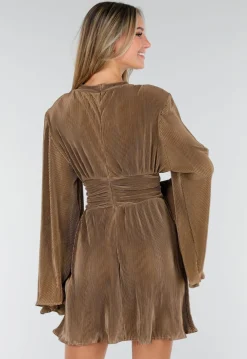 Plissé Jurk in Brons met Ruched Taille en Wijde Mouwen