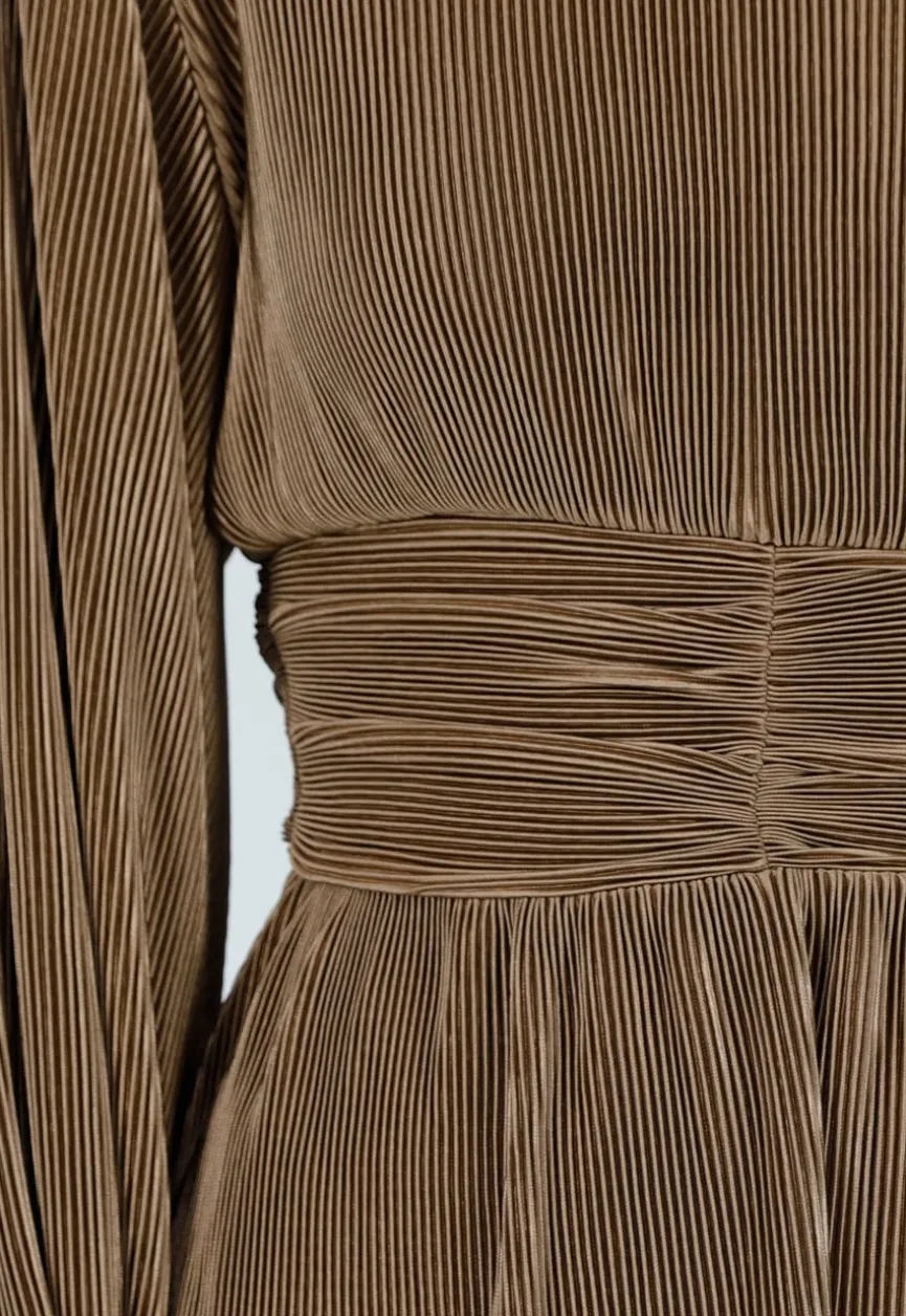 Plissé Jurk in Brons met Ruched Taille en Wijde Mouwen