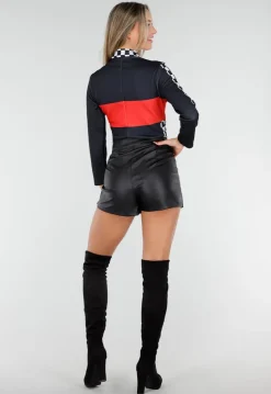 Race Kostuum met Rood Zwarte Bodysuit Geblokt Racepatroon met Stretch
