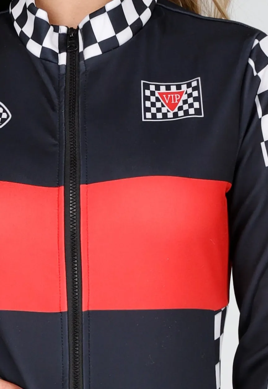Race Kostuum met Rood Zwarte Bodysuit Geblokt Racepatroon met Stretch
