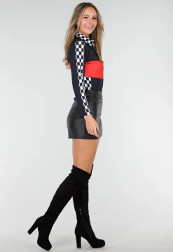 Race Kostuum met Rood Zwarte Bodysuit Geblokt Racepatroon met Stretch
