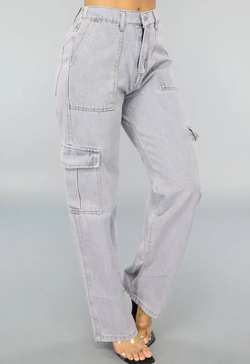 Rechte Denim Cargo Jeans met Hoge Taille