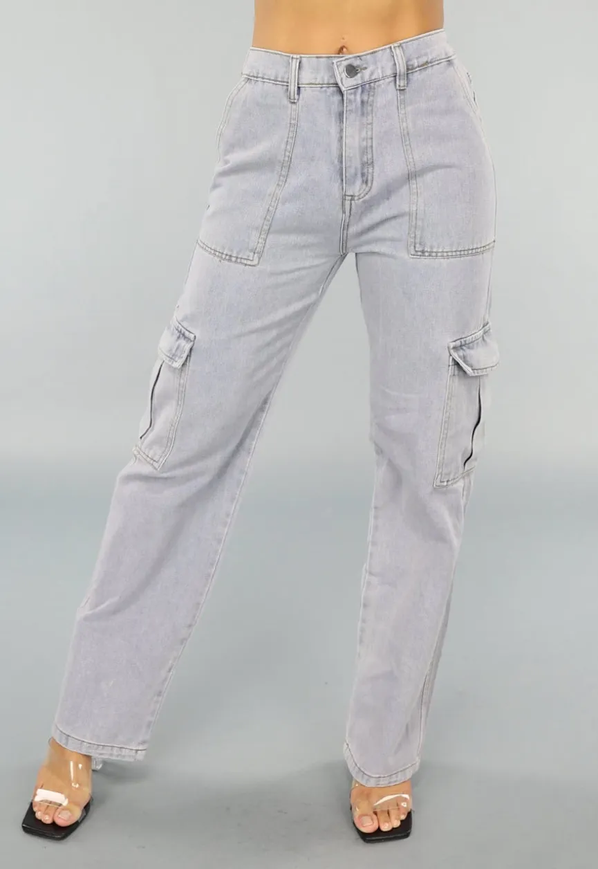 Rechte Denim Cargo Jeans met Hoge Taille