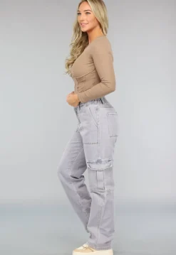 Rechte Denim Cargo Jeans met Hoge Taille