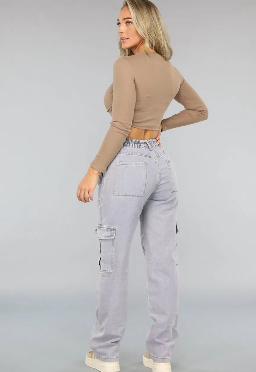 Rechte Denim Cargo Jeans met Hoge Taille