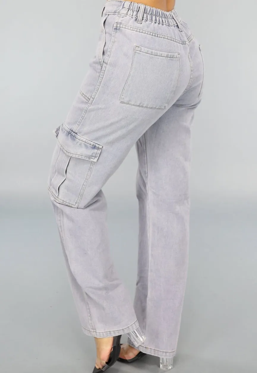 Rechte Denim Cargo Jeans met Hoge Taille