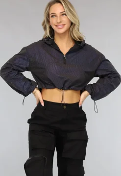 Reflecterend Cropped Windjack met Schubben Patroon met Capuchon