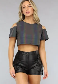 Reflecterende Crop Top met Korte Mouwen en Kettingdetail