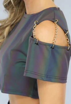 Reflecterende Crop Top met Korte Mouwen en Kettingdetail