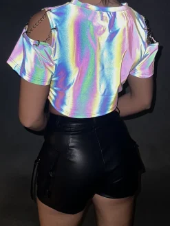 Reflecterende Crop Top met Korte Mouwen en Kettingdetail
