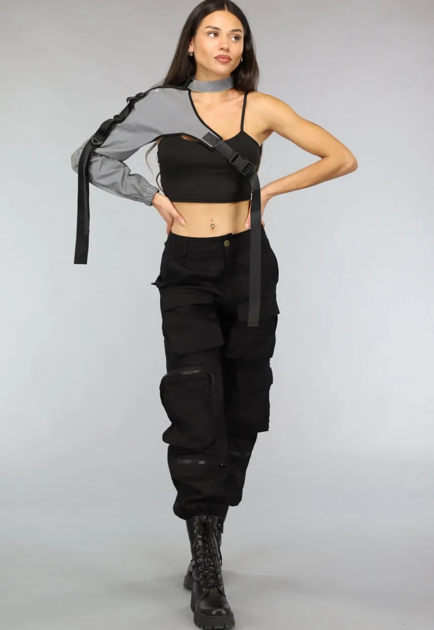 Reflecterende One Sleeve Top met Choker en Gesp Details