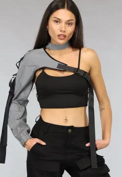 Reflecterende One Sleeve Top met Choker en Gesp Details