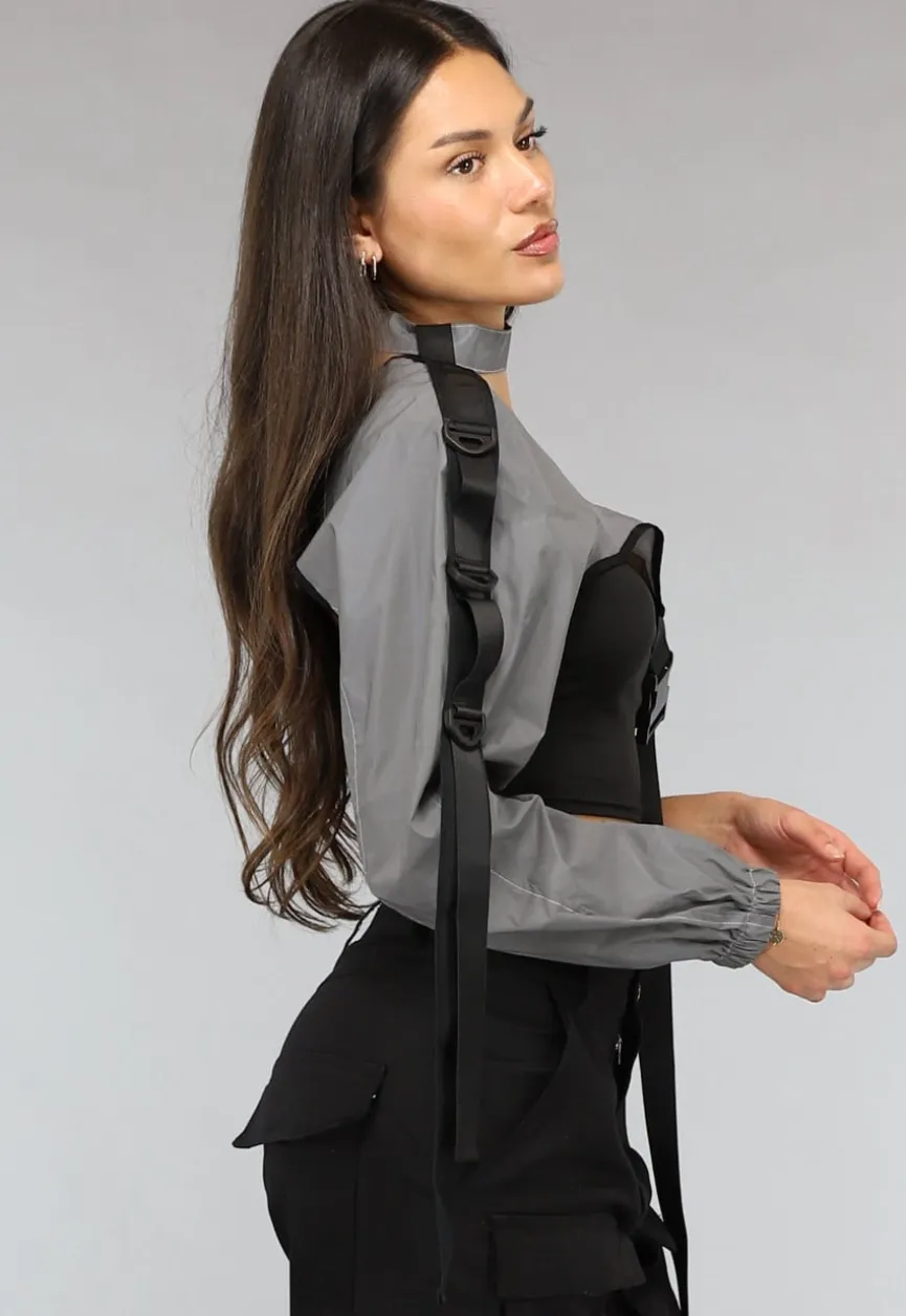 Reflecterende One Sleeve Top met Choker en Gesp Details