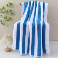 Retro Handdoek Blauw Wit met Gestreept Design Katoen