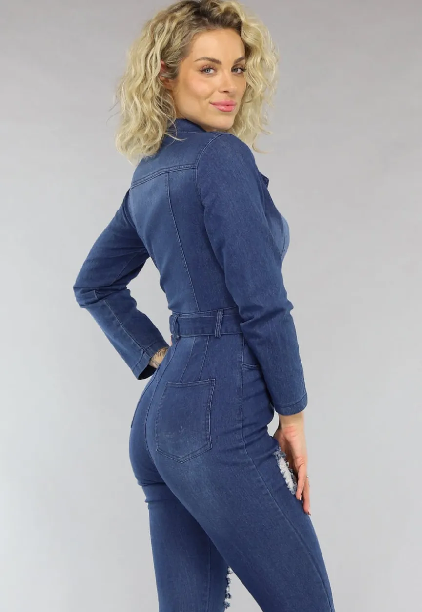 Retro Look Donkerblauwe Jumpsuit met Tailleband