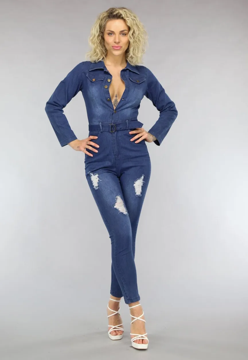 Retro Look Donkerblauwe Jumpsuit met Tailleband