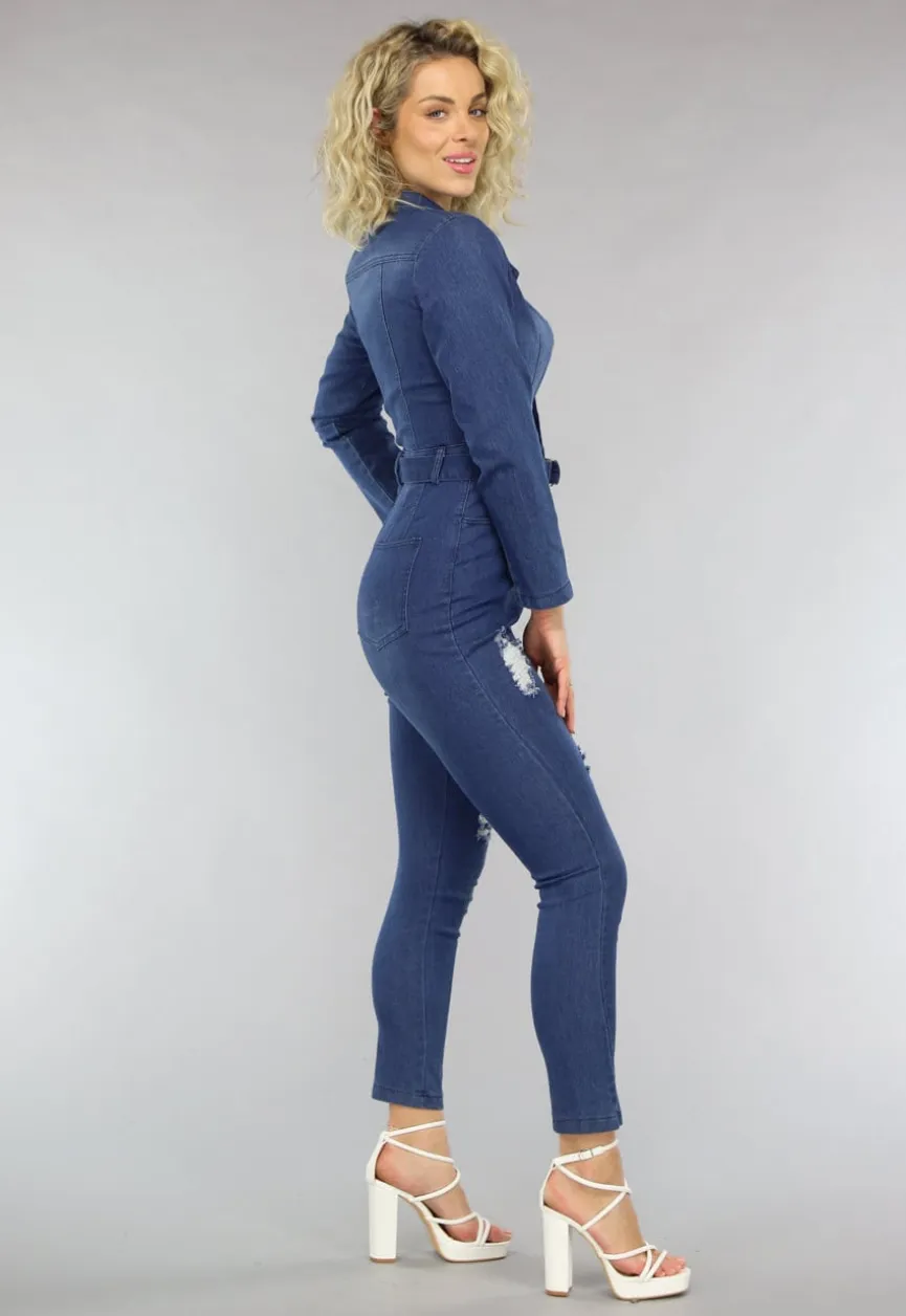 Retro Look Donkerblauwe Jumpsuit met Tailleband