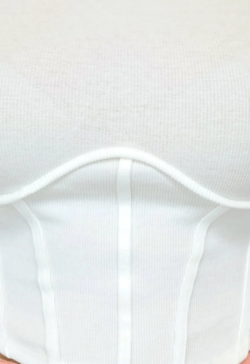 Rib Gebreide Witte Longsleeve Top met Korset Detail