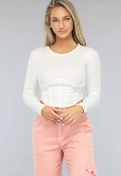 Rib Gebreide Witte Longsleeve Top met Korset Detail