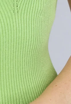 Ribstof Groene Jurk met Brede Schouderbandjes en V Hals