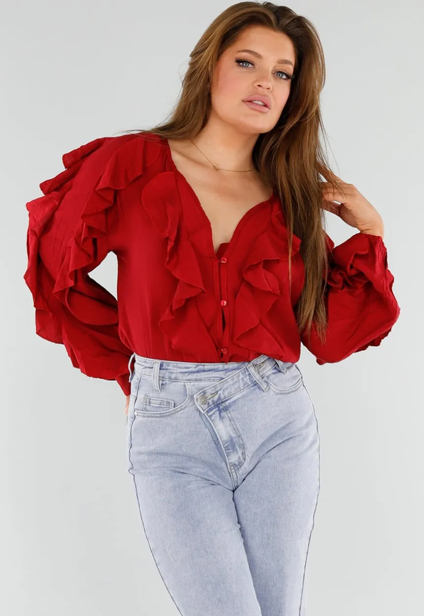 Rode Blouse met Volants en Losvallende Ballonmouwen