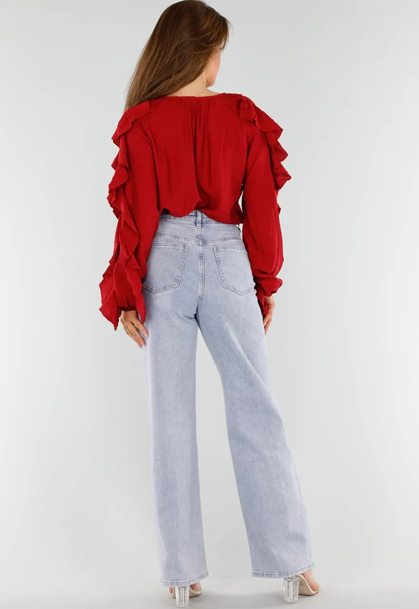 Rode Blouse met Volants en Losvallende Ballonmouwen