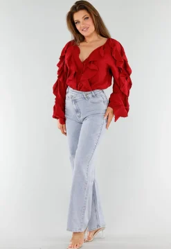Rode Blouse met Volants en Losvallende Ballonmouwen