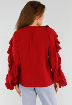 Rode Blouse met Volants en Losvallende Ballonmouwen