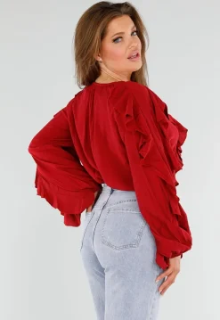 Rode Blouse met Volants en Losvallende Ballonmouwen