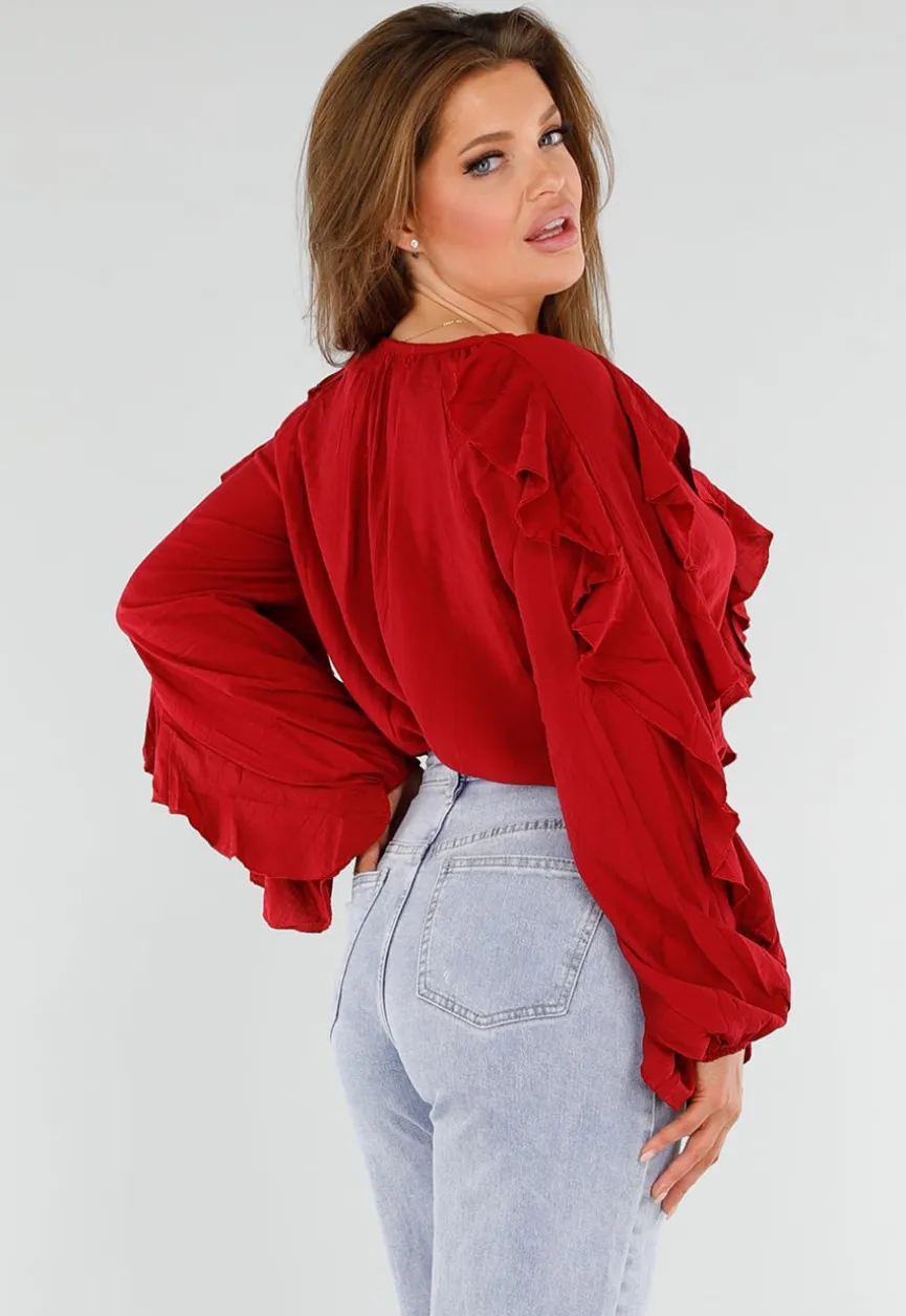 Rode Blouse met Volants en Losvallende Ballonmouwen