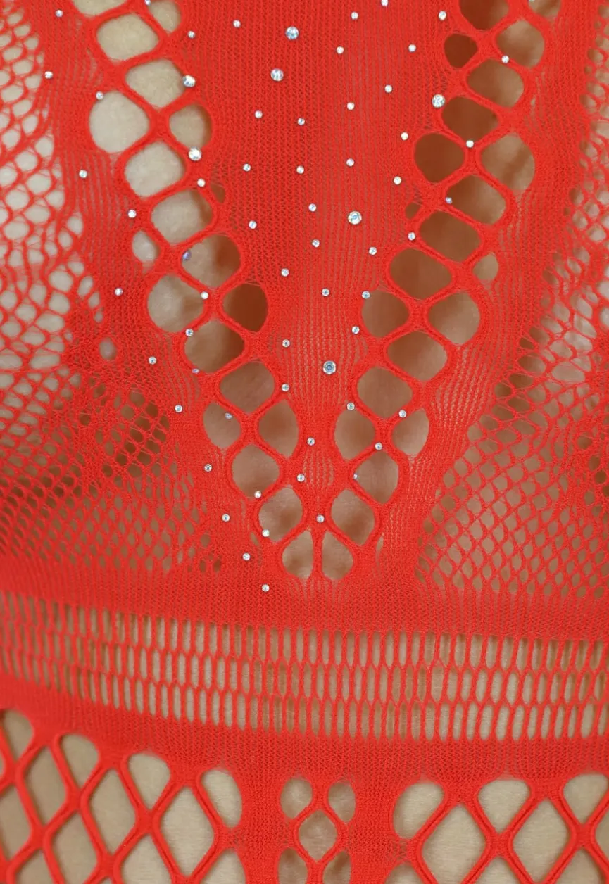 Rode Fishnet Bodysuit met Glitters