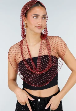 Rode Fishnet Top met Capuchon en Strass Steentjes